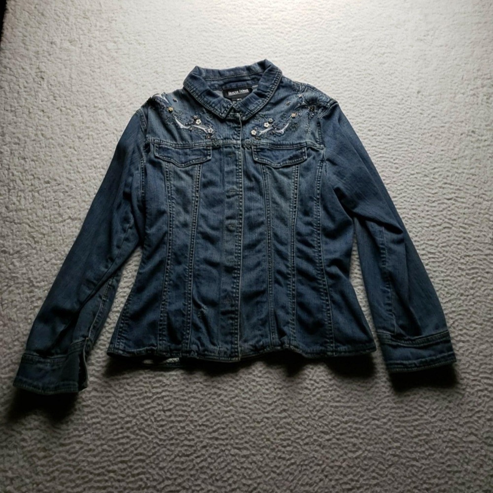 Brandon Thomas Jacket Womens XL Blue Denim Embroidered Floral Beaded Jean Sequin
